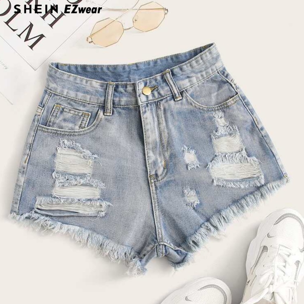 SHEIN Light Blue Ripped Denim Shorts